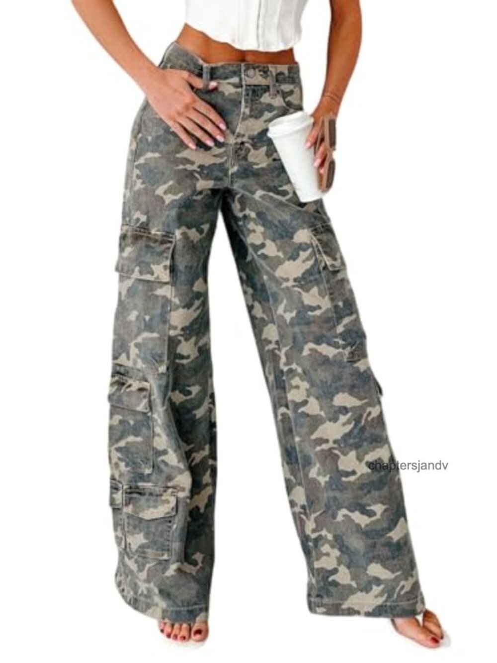 Women Wide Leg Camo Denim Jeans Mid Rise Cargo Pockets Casual